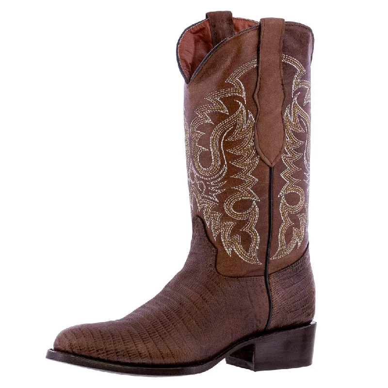 Men's cowboy boots with a silver - toned buckleMens Brown Teju Lizard Print Leather Cowboy Boots Round Toe