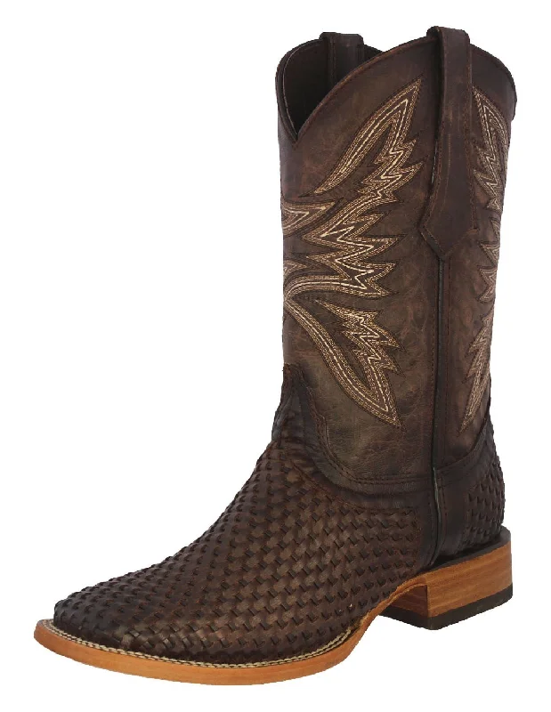 Western - style men's cowboy boots with intricate stitchingMens Brown Western Cowboy Boots Woven Leather - Square Toe