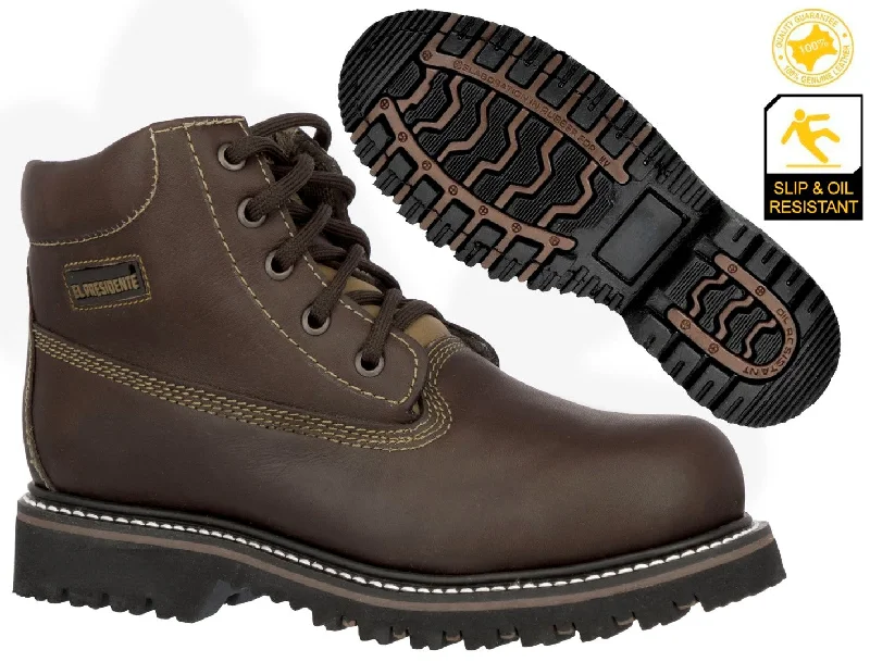 Men's cowboy boots with a pull - on strapMens Brown Work Boots Leather Slip Resistant Lace Up Soft Toe - #600TR