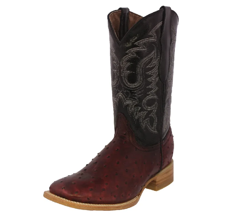 Men's cowboy boots in a dark brown leatherMens Burgundy Ostrich Quill Print Leather Cowboy Boots - Square Toe