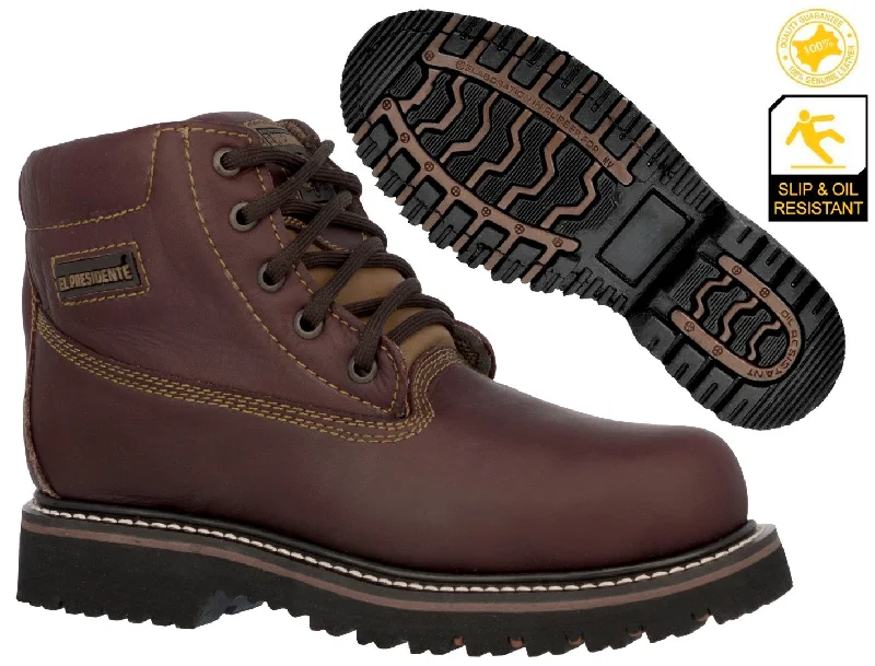 Men's cowboy boots with a leather sole for a classic lookMens Burgundy Work Boots Leather Slip Resistant Lace Up Soft Toe - #600TR