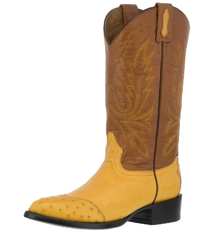 Men's cowboy boots with a concho belt detailMens Buttercup Ostrich Skin Leather Cowboy Boots - J Toe