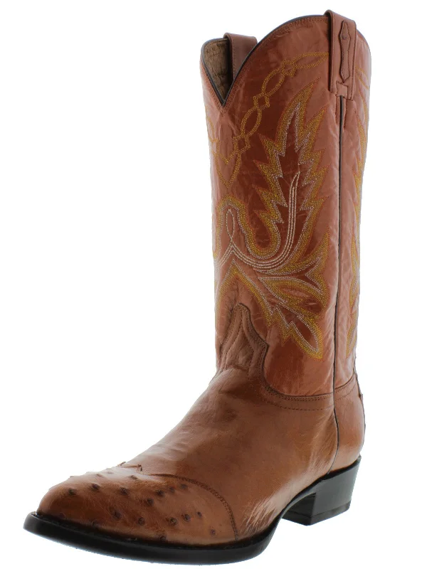 Men's cowboy boots with a tooled leather designMens Cognac Ostrich Skin Leather Cowboy Boots - J Toe