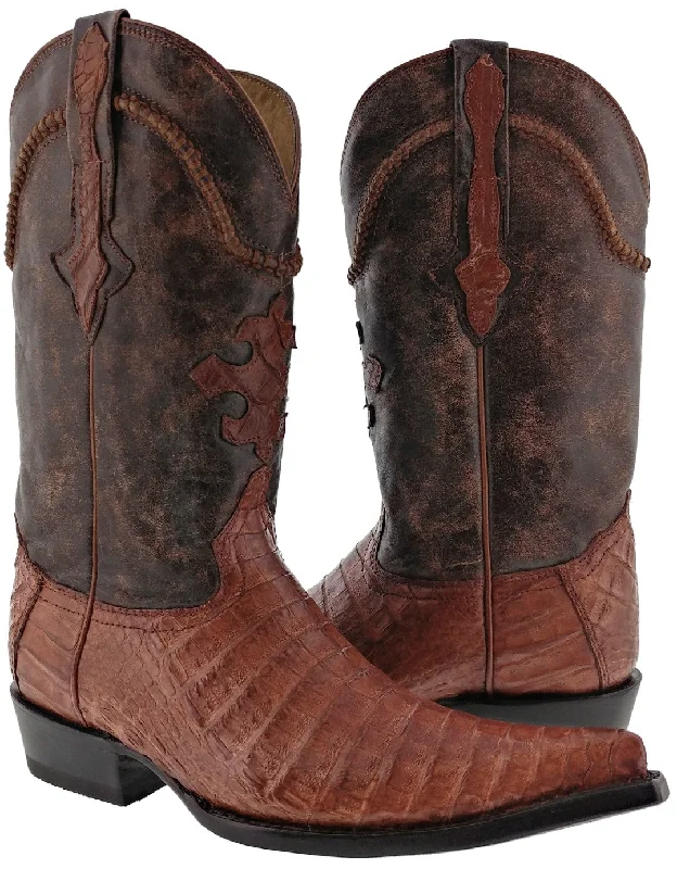 Men's cowboy boots with a high - heeled designMen's Cognac All Real Crocodile Belly Skin Leather Cowboy Boots Pointed Toe