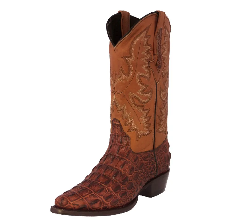 Men's cowboy boots with a concho belt detailMens Cognac Leather Cowboy Boots Alligator Back Print - J Toe