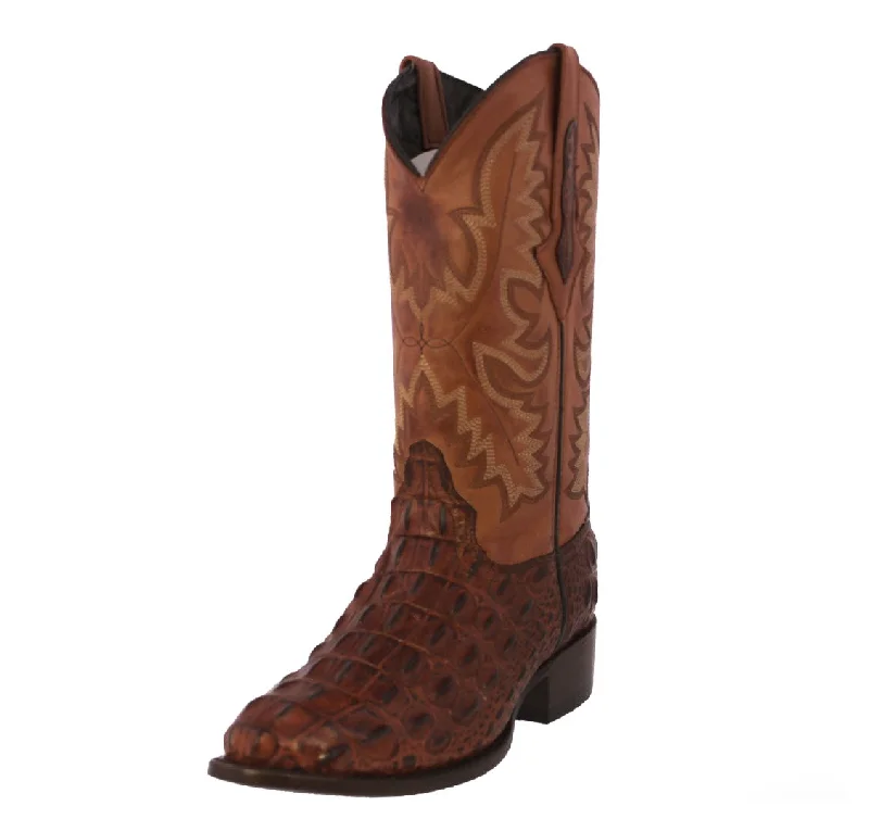 Men's cowboy boots with a high - heeled designMens Cognac Leather Cowboy Boots Alligator Back Print - Round Toe