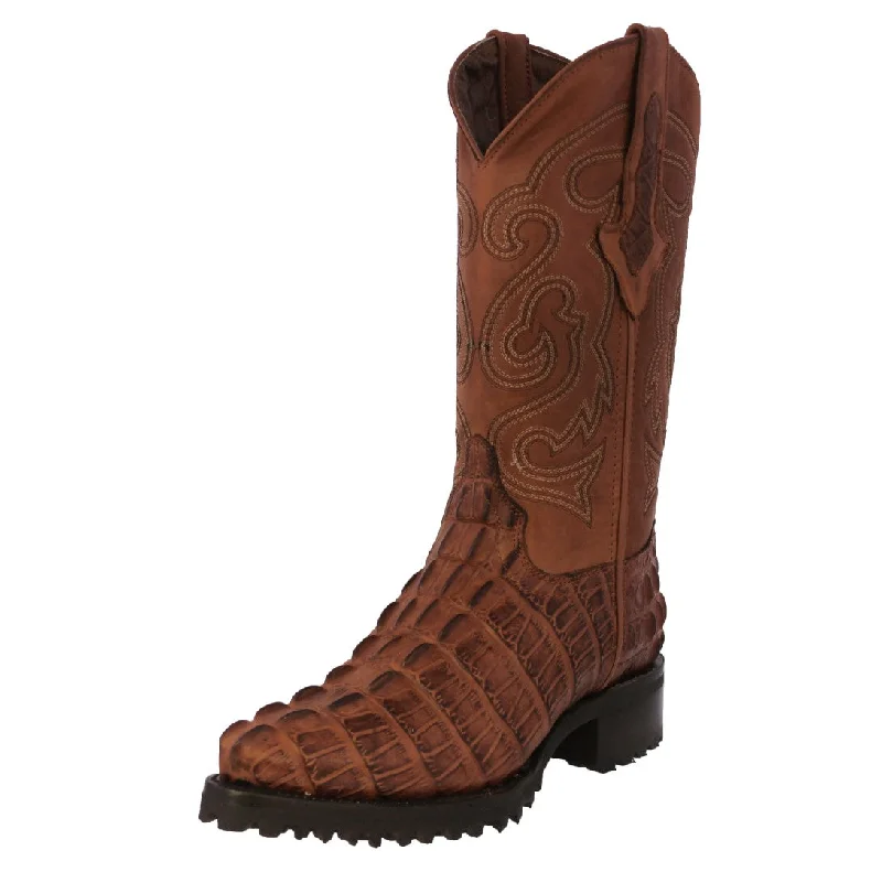 Men's cowboy boots with a tooled leather designMens Congac Motorcycle Boots Crocodile Tail Print - J Toe