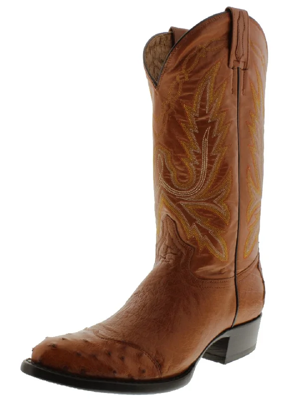 Men's cowboy boots with a decorative inlayMens Cognac Ostrich Skin Leather Cowboy Boots - Round Toe