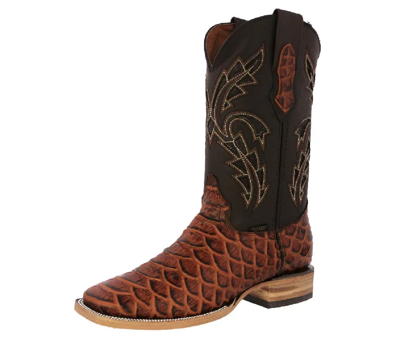 Men's cowboy boots with a scalloped edgeMens Cognac Cowboy Boots Anaconda Print Leather - Square Toe