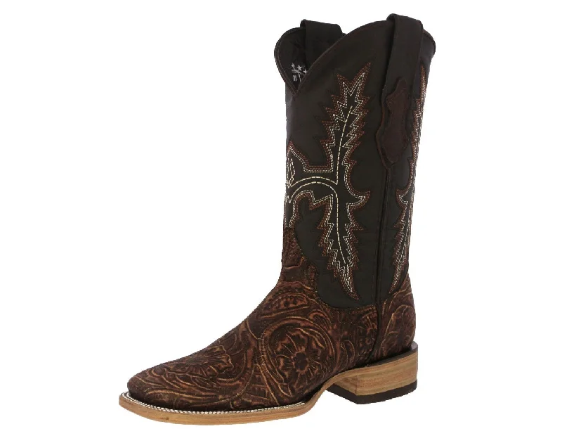 Men's cowboy boots with a silver - toned buckleMens Cognac Cowboy Boots Floral Hand Toole Leather - Square Toe