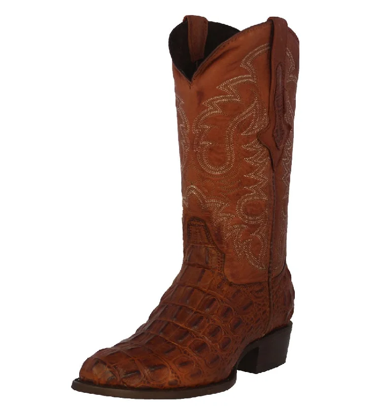 Men's cowboy boots with a leather sole for a classic lookMens Cognac Cowboy Boots Leather Crocodile Back Print Western Wear Round Toe