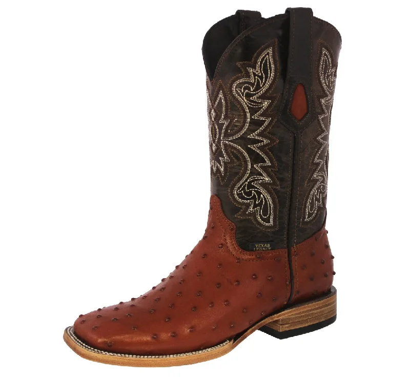 Men's cowboy boots with a high - heeled designMens Cognac Cowboy Boots Ostrich Quill Print Leather - Square Toe