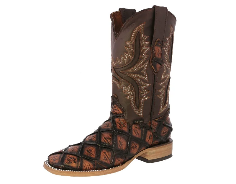 Men's cowboy boots with a spur ledgeMens Cognac Cowboy Boots Pirarucu Fish Print - Square Toe