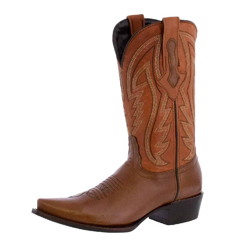 Men's cowboy boots with a distressed leather finishMens Cognac Cowboy Boots Western Wear Solid Leather - Snip Toe