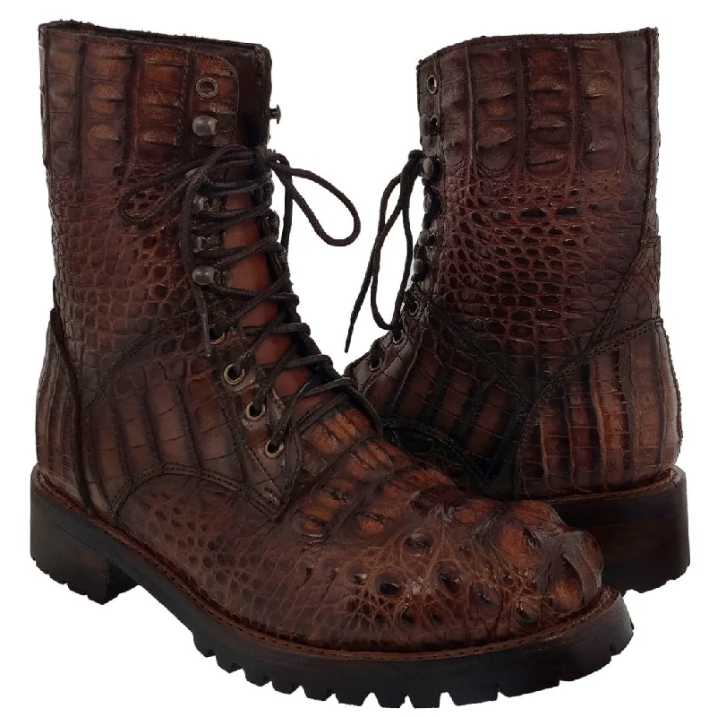 Men's cowboy boots with a distressed leather finishMen's Cognac Full Alligator Skin Leather Motorcycle Boots Round