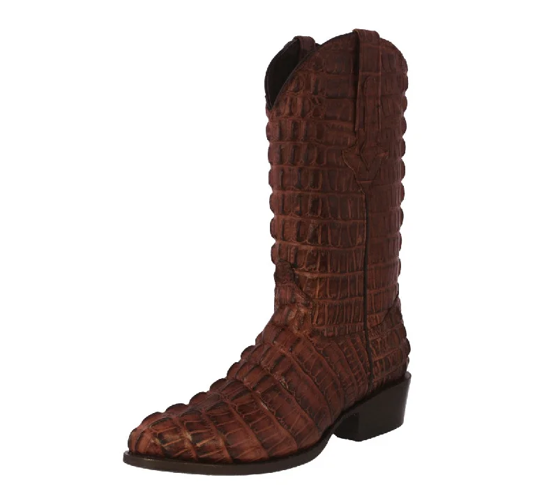 Men's cowboy boots with a high - heeled designMens Cognac Full Crocodile Tail Print Cowboy Boots - Round Toe