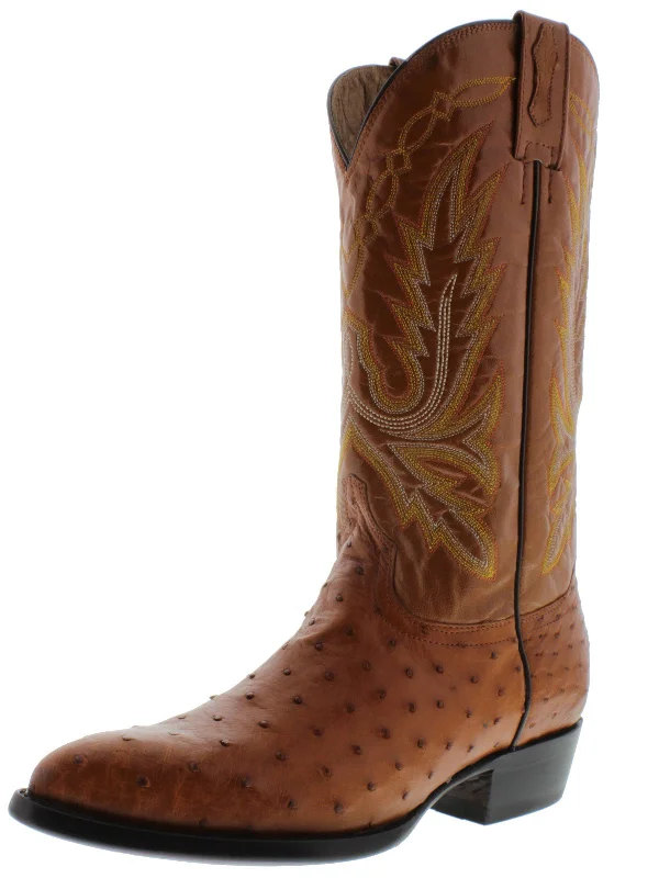 Men's cowboy boots with a rubber sole for tractionMens Cognac Cowboy Boots Ostrich Quill Skin - J Toe