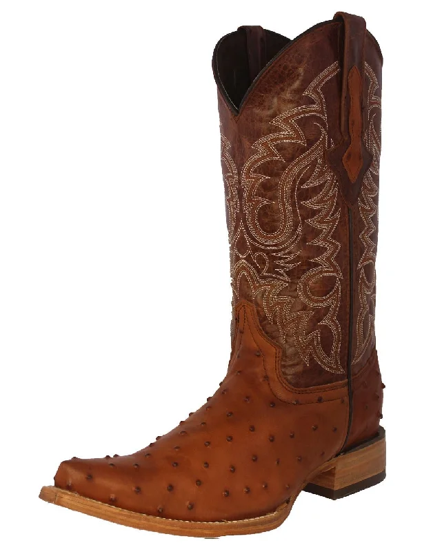 Alligator - print men's cowboy boots for a bold lookMens Cognac Ostrich Quill Print Leather Cowboy Boots - Pointed Toe