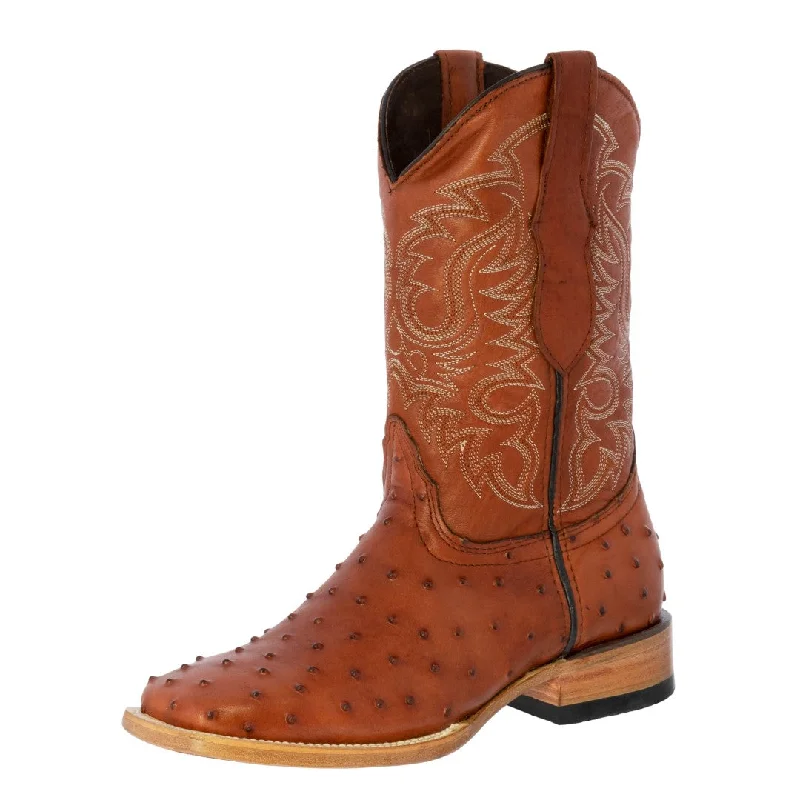 Alligator - print men's cowboy boots for a bold lookMens Cognac Ostrich Quill Print Leather Cowboy Boots Square Toe