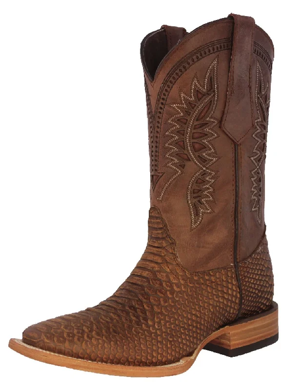 Men's cowboy boots with a concho belt detailMens Cognac Snake Print Leather Cowboy Boots - Square Toe