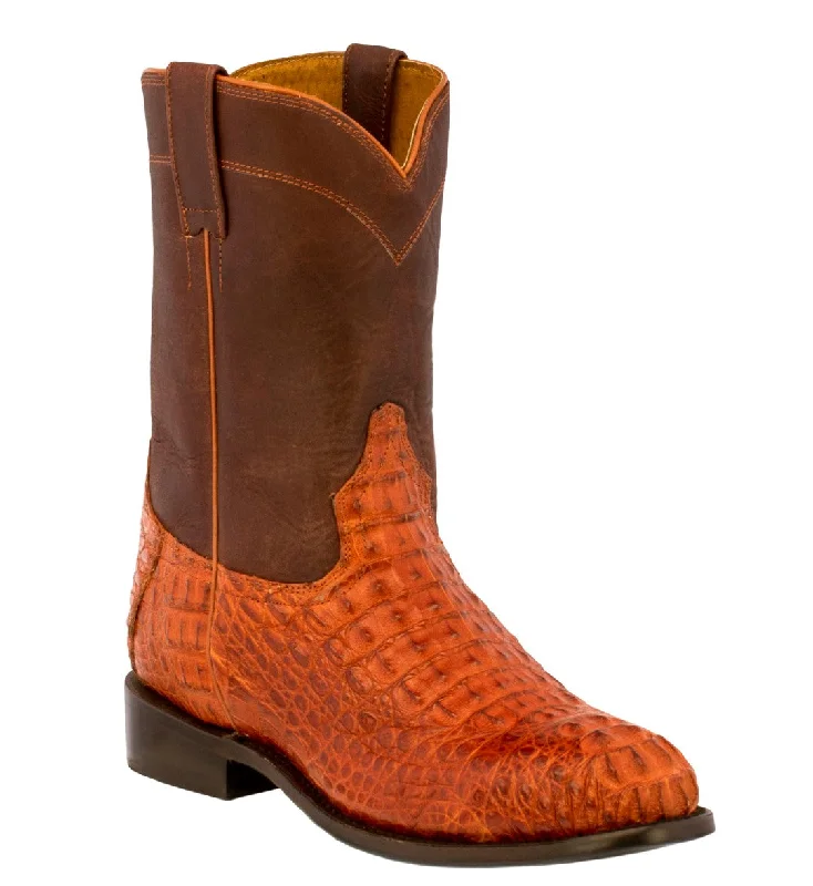 Men's cowboy boots with a concho belt detailMens Cognac Real Crocodile Hornback Skin Cowboy Boots Roper Toe - #140G