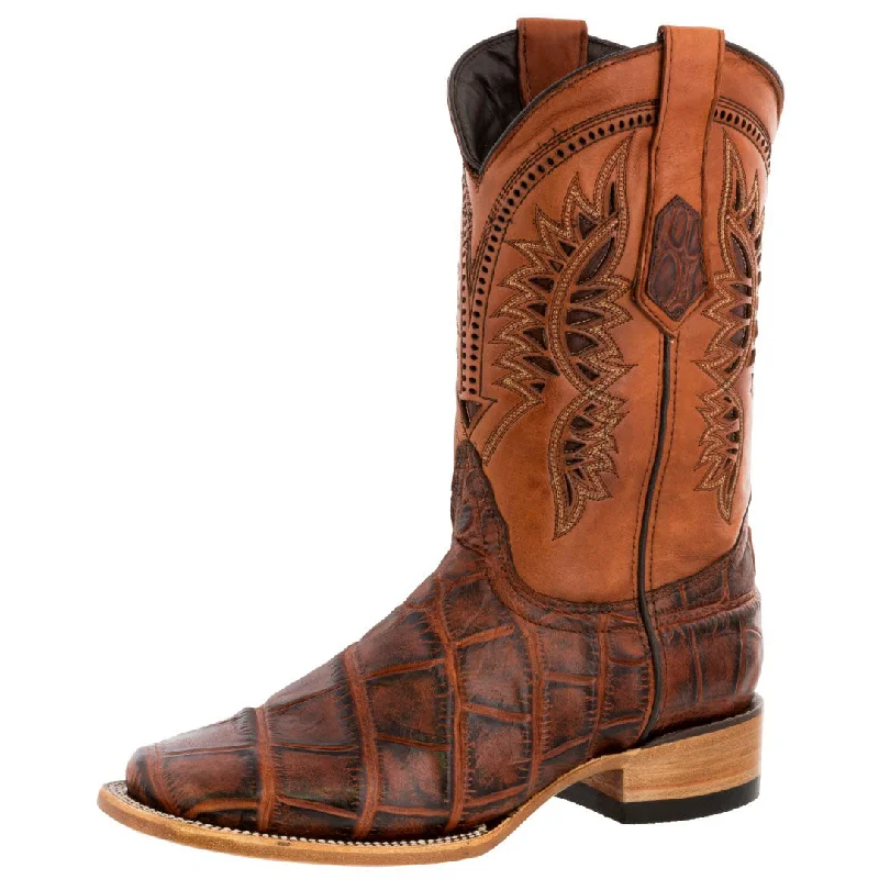 Men's cowboy boots with a spur ledgeMens Cognac Western Wear Leather Cowboy Boots Elephant Print Square Toe