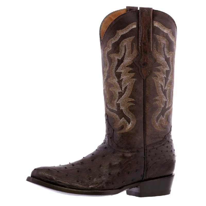 Men's cowboy boots with a distressed leather finishMens Dark Brown Ostrich Quill Skin Cowboy Boots - J Toe