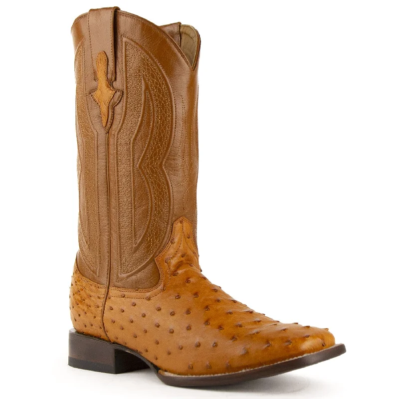 Men's genuine leather western boots with a snake - skin inlayMen's Ferrini Colt Full Quill Ostrich Square Toe Boot 1019302