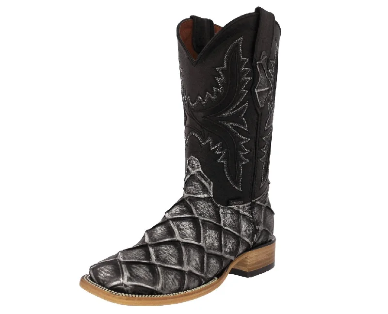 Men's cowboy boots in a dark brown leatherMens Gray Cowboy Boots Pirarucu Fish Print - Square Toe