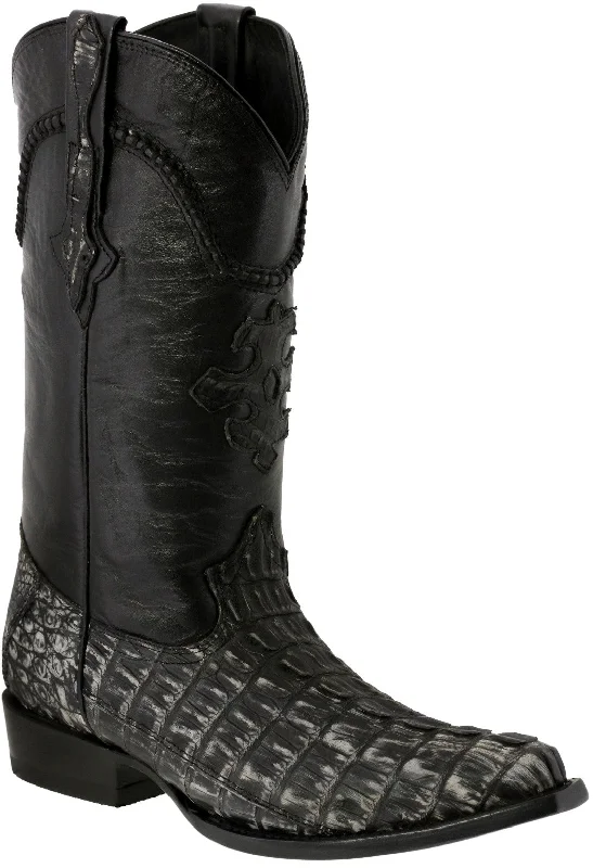 Men's cowboy boots with a silver - toned buckleMen's Gray Genuine Crocodile Belly Exotic Skin Cowboy Boots - Snip Toe