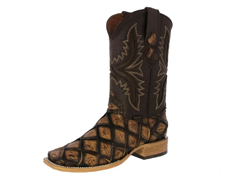 Men's cowboy boots with a leather lining for comfortMens Honey Brown Cowboy Boots Pirarucu Fish Print - Square Toe