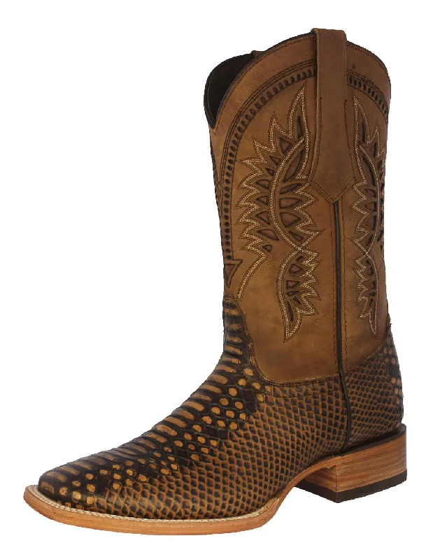 Men's cowboy boots with a leather lining for comfortMens Honey Brown Snake Print Leather Cowboy Boots - Square Toe