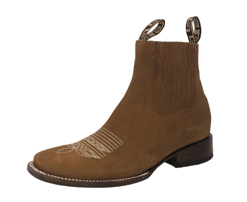 Men's genuine leather cowboy boots with a pointed toeMens Light Brown Chelsea Ankle Boots Nubuck Leather - Square Toe