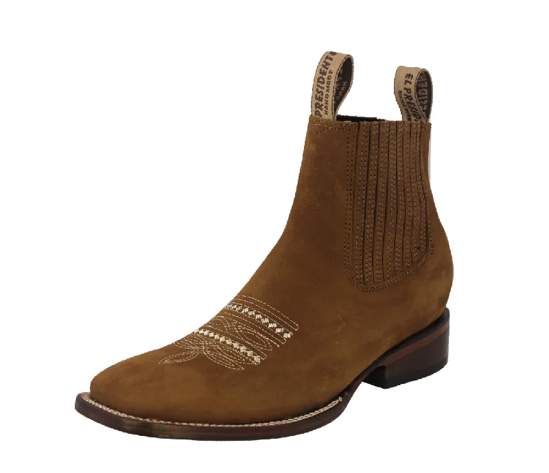 Western - style men's cowboy boots with intricate stitchingMens Light Brown Chelsea Ankle Boots Nubuck Leather - Square Toe