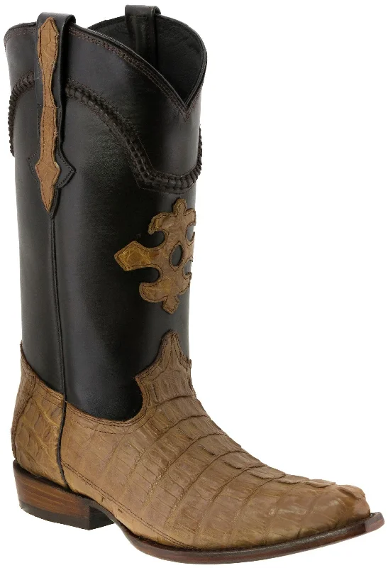 Men's cowboy boots with a tooled leather designMen's Light Brown Genuine Crocodile Belly Exotic Skin Cowboy Boots - Snip Toe