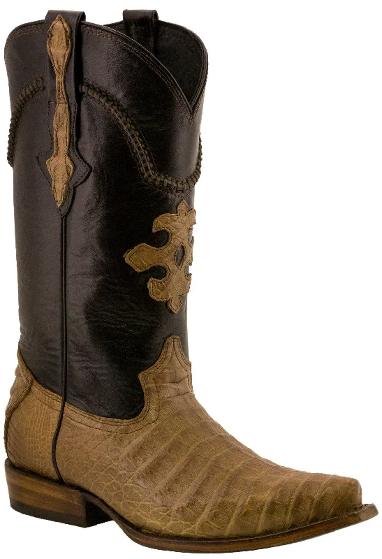 Men's cowboy boots with a rubber sole for tractionMen's Light Brown Genuine Crocodile Belly Skin Cowboy Boots - Snip Toe