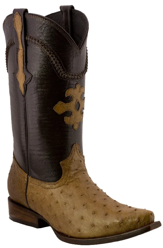 Men's cowboy boots with a concho belt detailMen's Light Brown Genuine Ostrich Quill Exotic Skin Cowboy Boots - Snip Toe