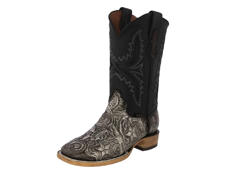 Men's cowboy boots with a pull - on strapMens Natural Cowboy Boots Star Hand Toole Leather - Square Toe