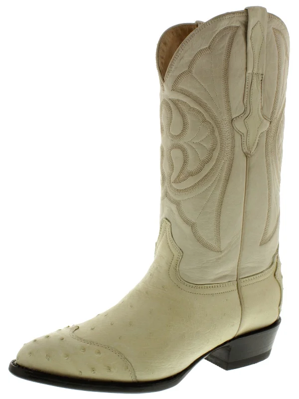 Men's cowboy boots with a spur ledgeMens Off White Ostrich Skin Leather Cowboy Boots - J Toe