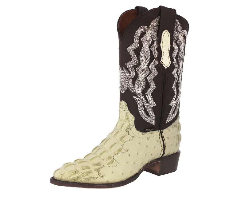 Men's cowboy boots with a decorative inlayMens Off White Crocodile & Ostrich Print Leather Cowboy Boots - J Toe