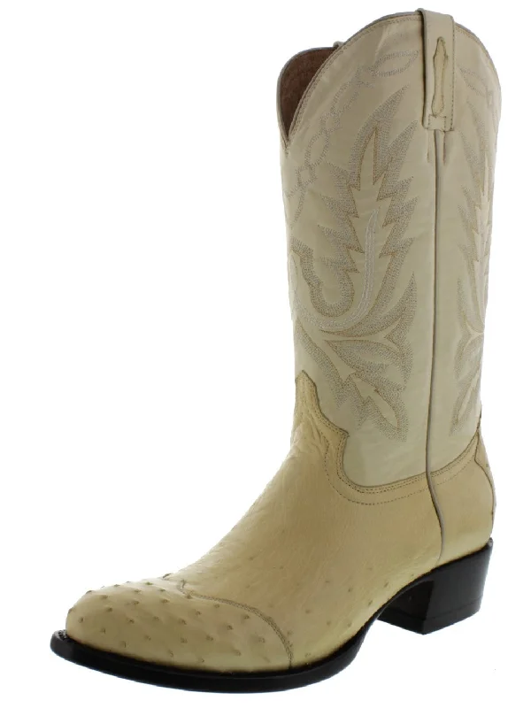 Vintage - style men's cowboy boots with a square toeMens Off White Ostrich Skin Leather Cowboy Boots - Round Toe