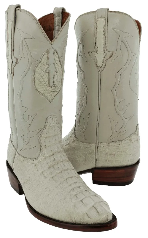 Men's cowboy boots with a tooled leather designOff White Leather Cowboy Boots Real Crocodile Tail Skin J Toe