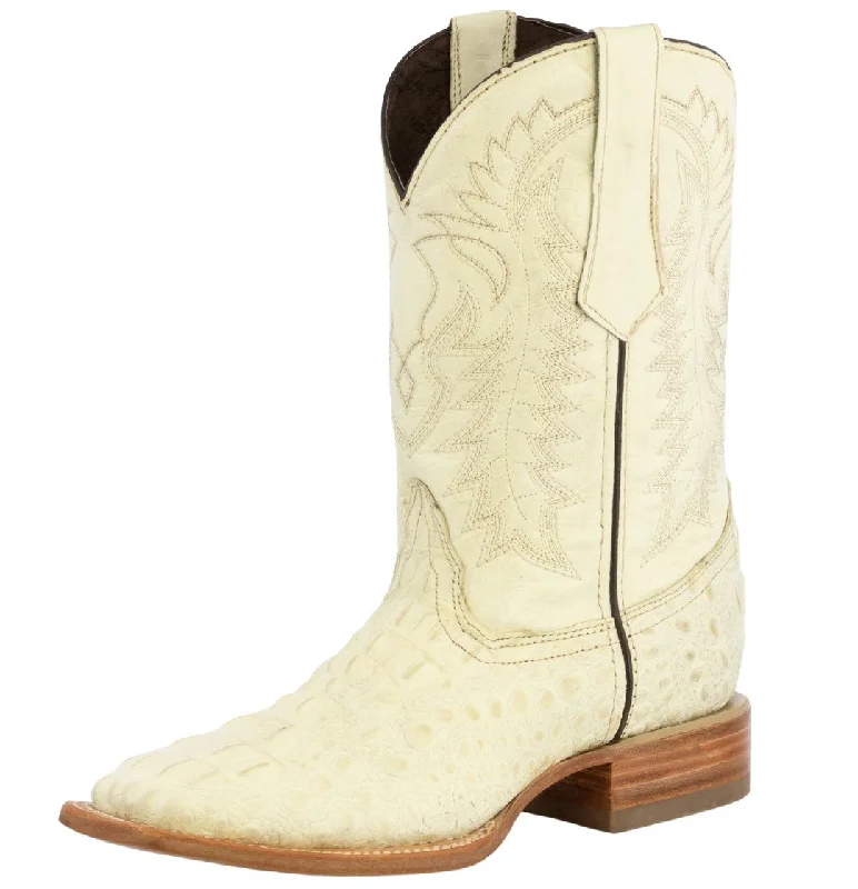 Men's cowboy boots in a dark brown leatherMens Off White Alligator Hornback Print Leather Cowboy Boots Square Toe