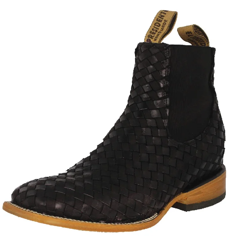 Men's cowboy boots with a leather sole for a classic lookMens Petatillo Black Chelsea Boots Woven Leather - Square Toe