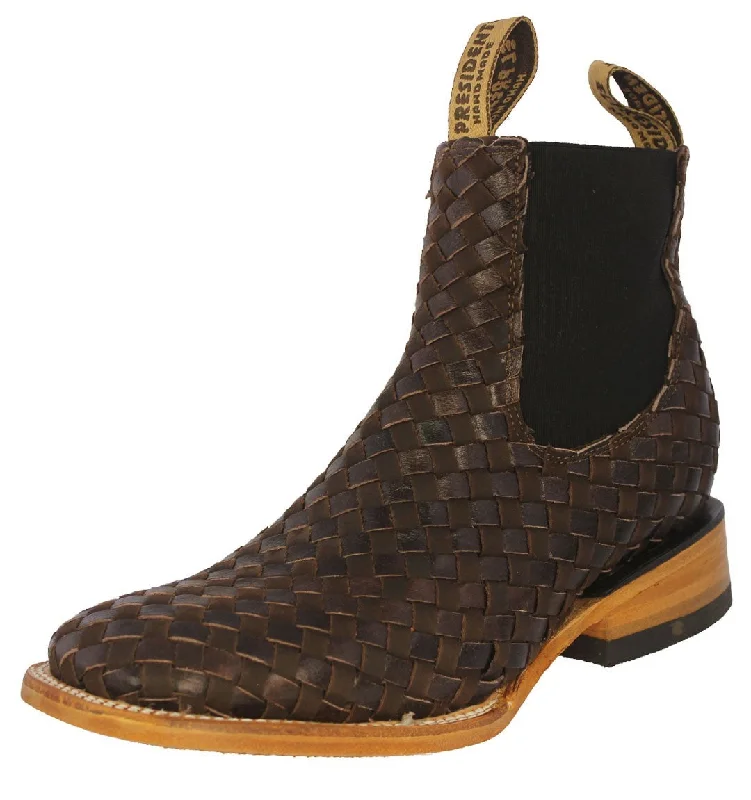 Men's cowboy boots with a heel guardMens Petatillo Brown Chelsea Boots Woven Leather - Square Toe