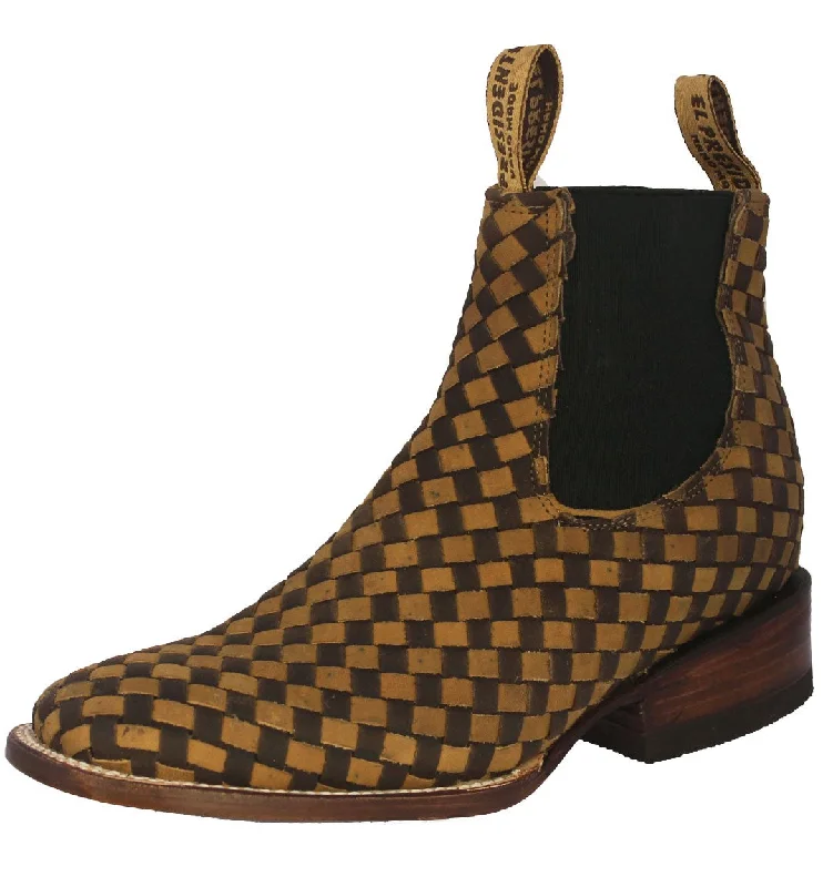 Men's genuine leather cowboy boots with a pointed toeMens Petatillo Honey Brown Chelsea Boots Woven Leather - Square Toe