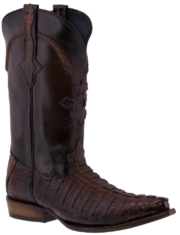 Men's cowboy boots with a snake - skin textureMen's Rustic Cognac Genuine Crocodile Belly Exotic Skin Cowboy Boots - Snip Toe