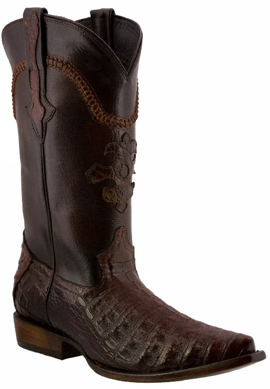 Men's genuine leather cowboy boots with a pointed toeMen's Rustic Cognac Genuine Crocodile Belly Skin Cowboy Boots - Snip Toe