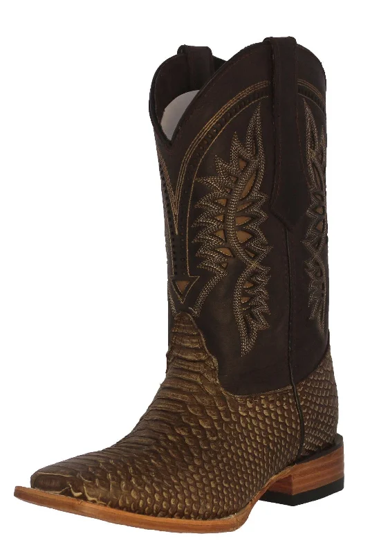 Men's cowboy boots with a silver - toned buckleMens Rustic Sand Snake Print Leather Cowboy Boots - Square Toe