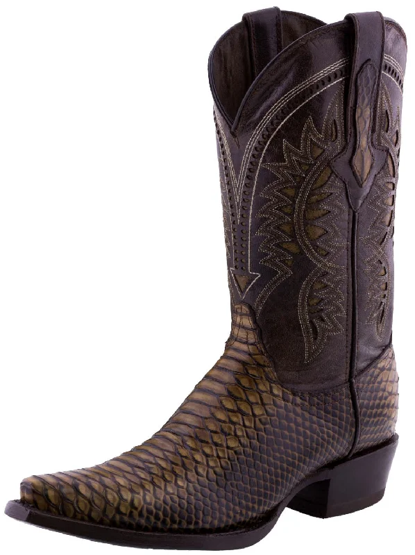 Men's cowboy boots with a heel guardMens Rustic Sand Snake Print Leather Cowboy Boots - Snip Toe